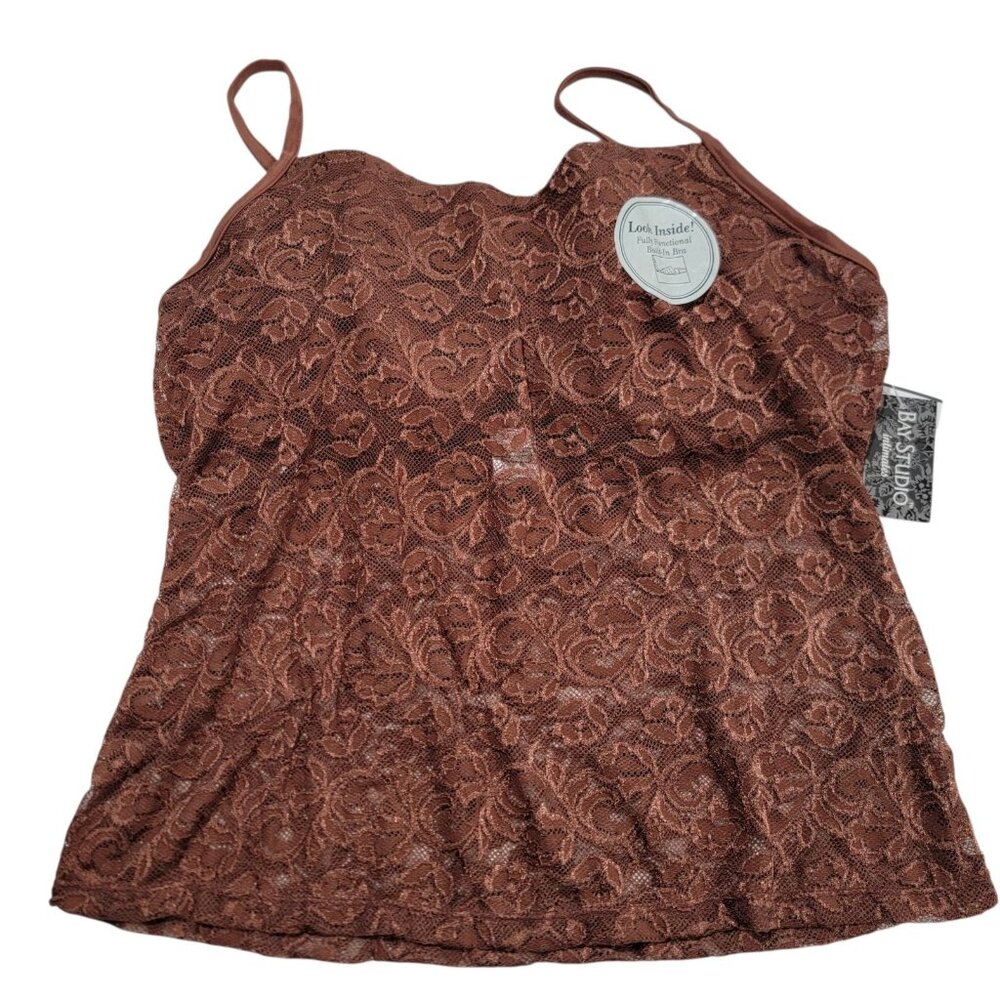 Bay Studio Intimates Cami Brown Lace Camisole Built In‎ Bra Sz 38C NWT